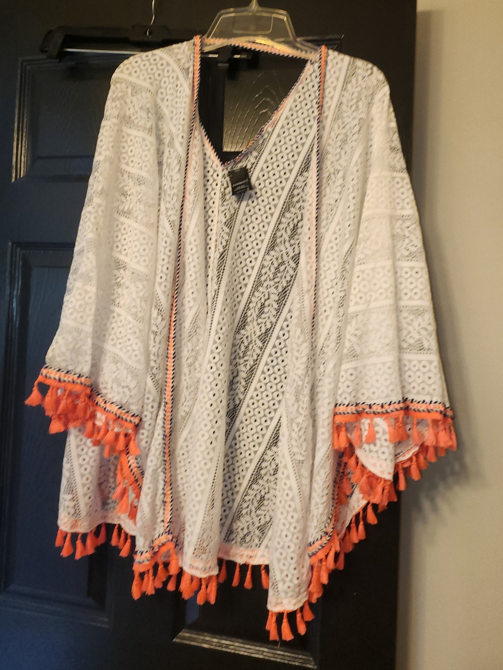 Express White Crochet Swim Coverup with Coral Tassel Trim